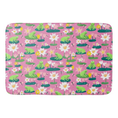 Frogs and Lily Pads Cute Custom Pink Bath Mat
