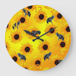"Frogs and Sunflowers: A Playful Nature Pattern" Large Clock