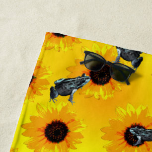 Frogs And Sunflowers, Beach Towel