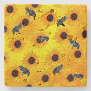 Frogs And Sunflowers, Stone Coaster