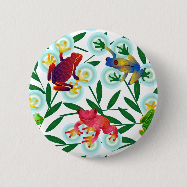 Frogs Bamboo Bubbles Rainforest Jungle Whimsical Button (Front)