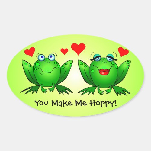 Frogs Cute Cartoon Love Hearts You Make Me Hoppy Oval Sticker