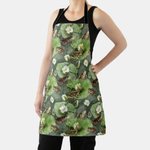 Frogs green and white water lilies apron