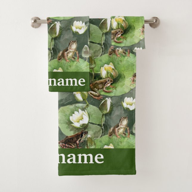 Frogs green and white water lilies bath towel set (Insitu)