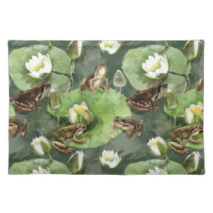 Frogs green and white water lilies cloth placemat