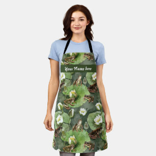 Frogs green and white water lilies pattern apron