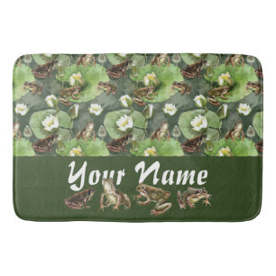 Frogs green and white water lilies pattern bath mat
