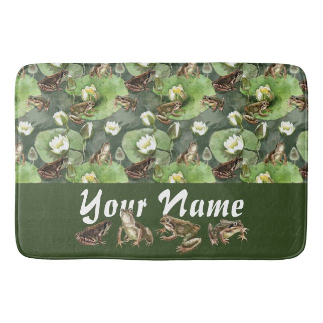Frogs green and white water lilies pattern  bath mat (Front)