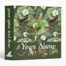 Frogs green and white water lilies pattern Binder