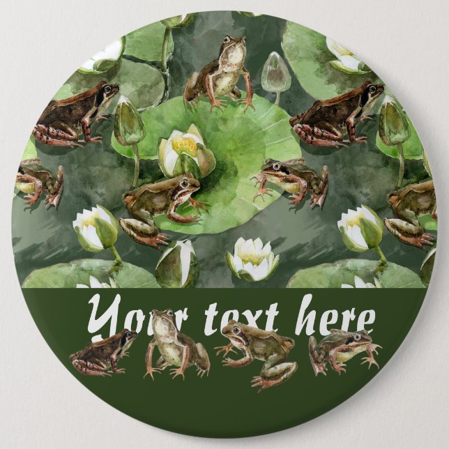 Frogs green and white water lilies pattern  button (Front)