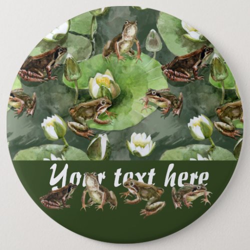 Frogs green and white water lilies pattern  button