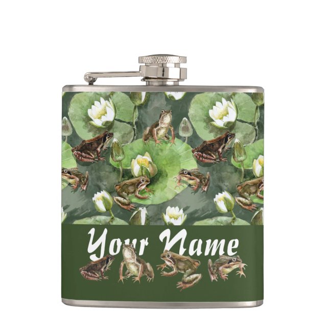 Frogs green and white water lilies pattern  flask (Front)