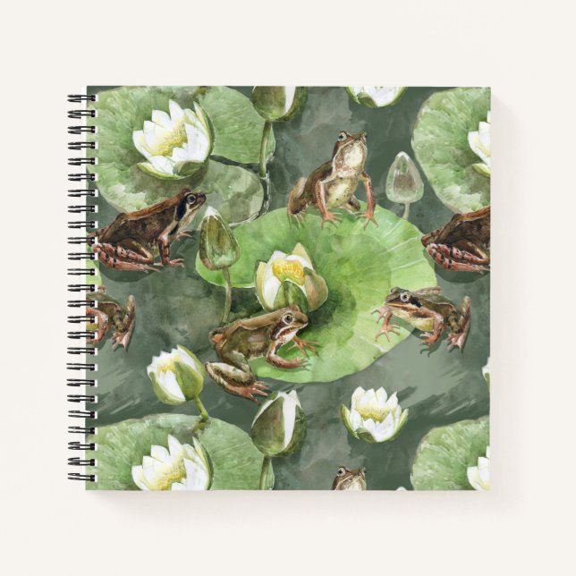 Frogs green and white water lilies pattern notebook (Front)