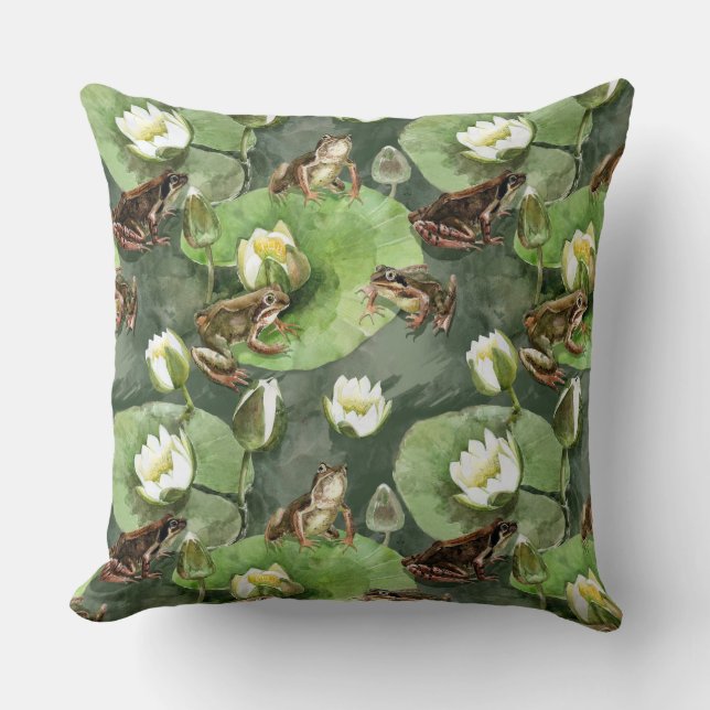 Frogs green and white water lilies throw pillow (Front)