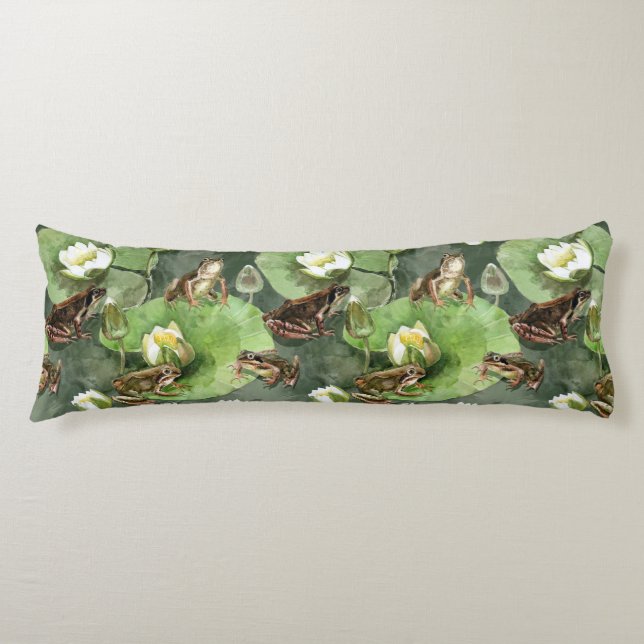Frogs green and white waterlilies body pillow (Front)