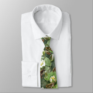Frogs green and white waterlilies seamlesstexture neck tie