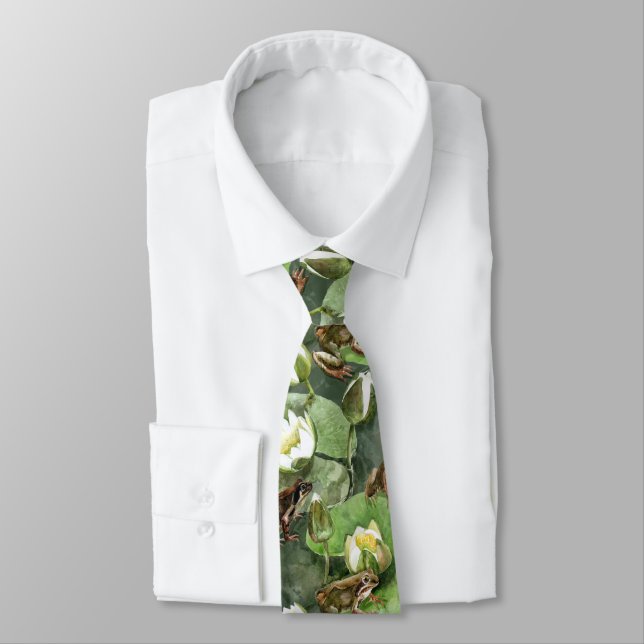 Frogs green and white waterlilies seamlesstexture neck tie (Tied)