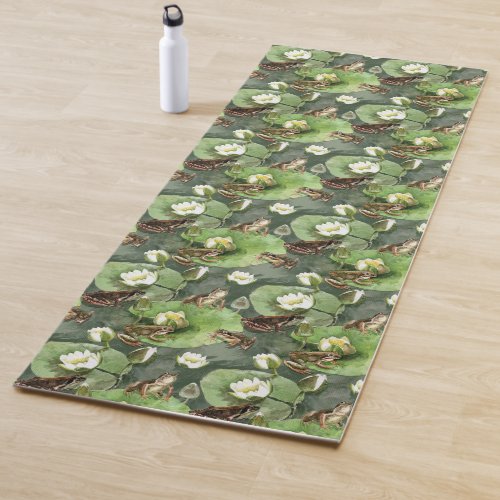 Frogs green and white waterlilies yoga mat