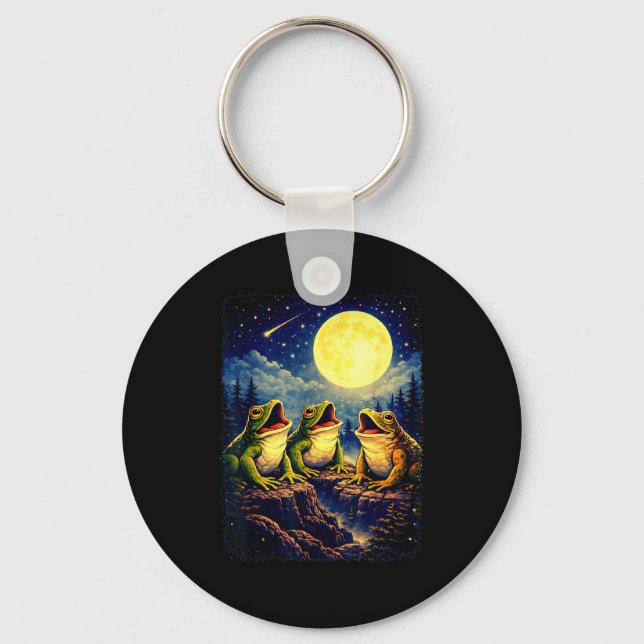 Frogs howling at moon mountain forest meme keychain (Front)