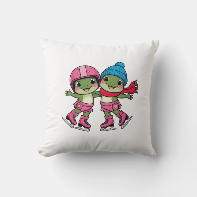 Frogs Ice Skating Throw Pillow (Front)