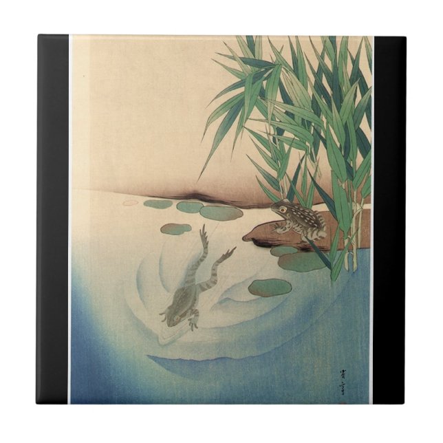 Frogs in a Pond, Japanese Art circa 1800s Ceramic Tile (Front)