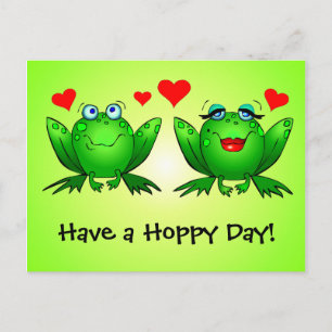 Frogs in Love Have a Hoppy Day Green Postcard