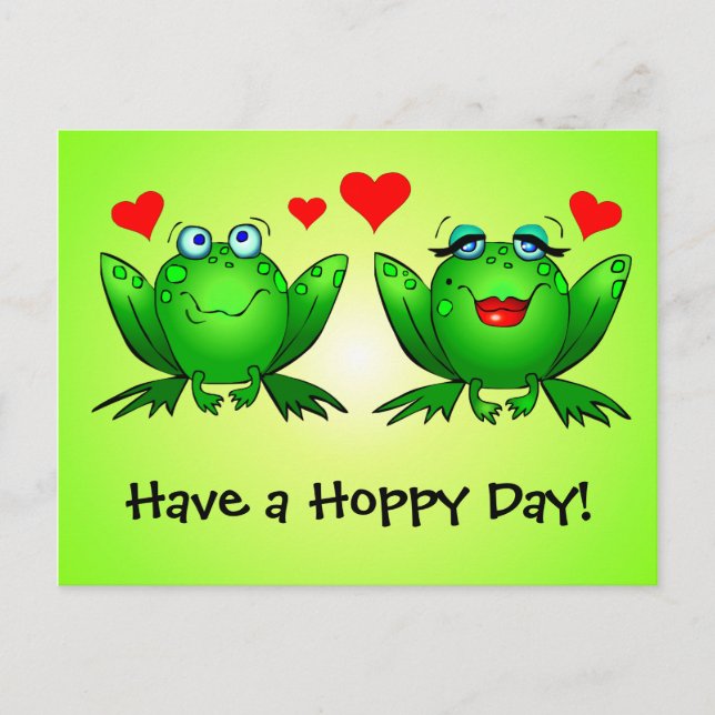 Frogs in Love Have a Hoppy Day Green Postcard (Front)