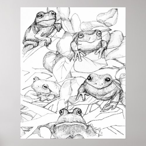 Frogs in Tree Leaves Black White Ink Art Poster