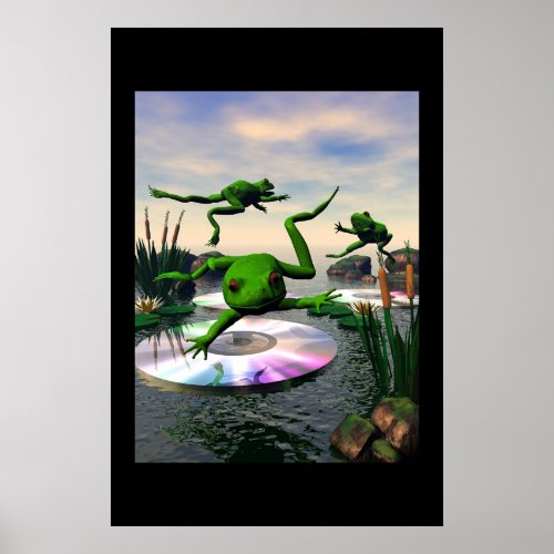 Frogs Jumping on CD Lily Pads Poster