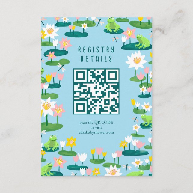 Frogs & Lily Pads Cute CUSTOM QR CODE BABY SHOWER Enclosure Card (Front)