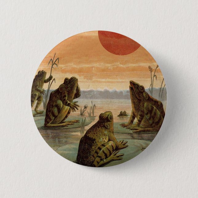 Frogs Lily Pads Moon Illustration Button (Front)