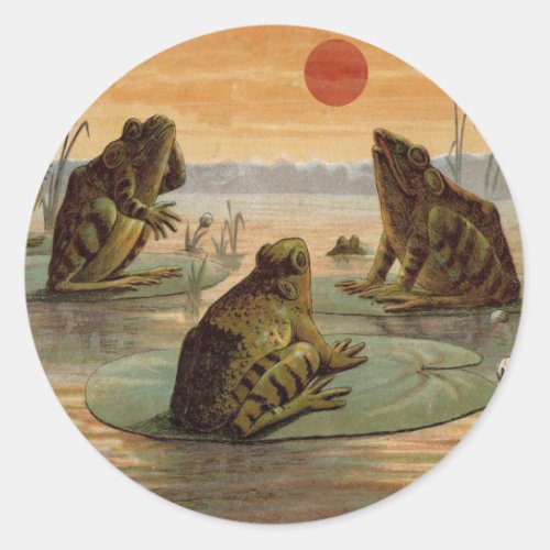 Frogs Lily Pads Moon Illustration Classic Round Sticker