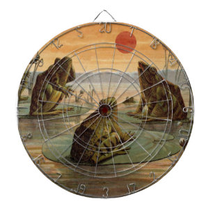 Frogs Lily Pads Moon Illustration Dartboard With Darts