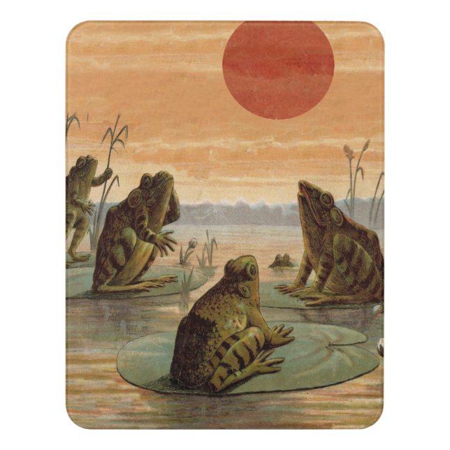 Frogs Lily Pads Moon Illustration Door Sign (Contemporary Vert)