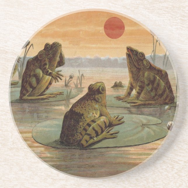 Frogs Lily Pads Moon Illustration Drink Coaster (Front)