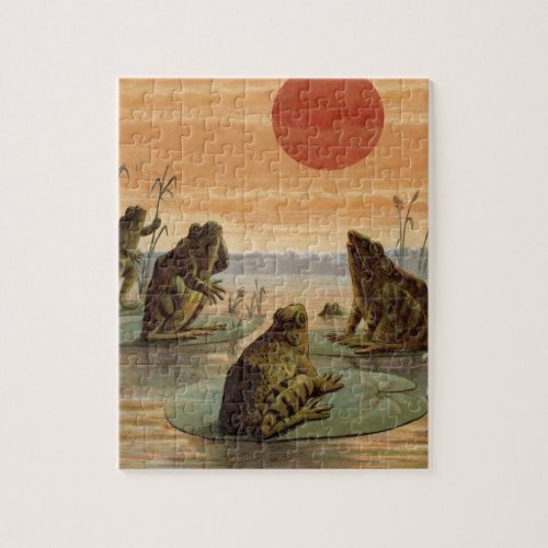 Frogs Lily Pads Moon Illustration Jigsaw Puzzle