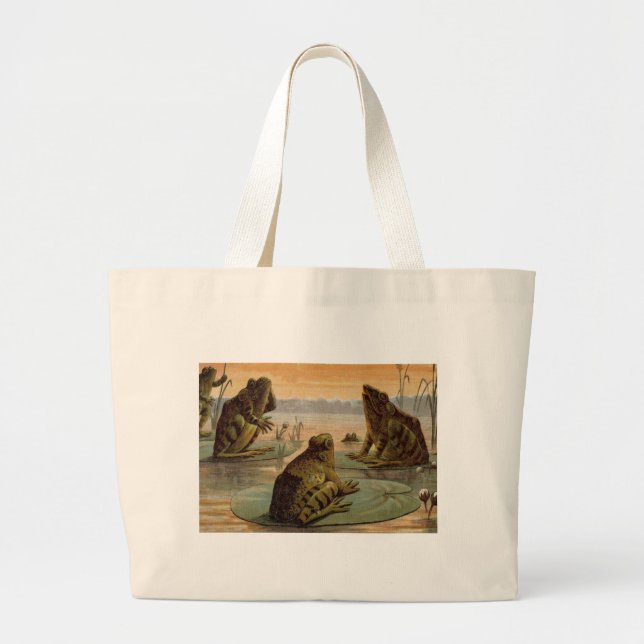 Frogs Lily Pads Moon Illustration Large Tote Bag (Front)