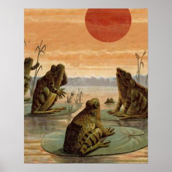 Frogs Lily Pads Moon Illustration Poster by antiqueart at Zazzle