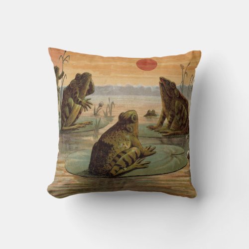 Frogs Lily Pads Moon Illustration Throw Pillow