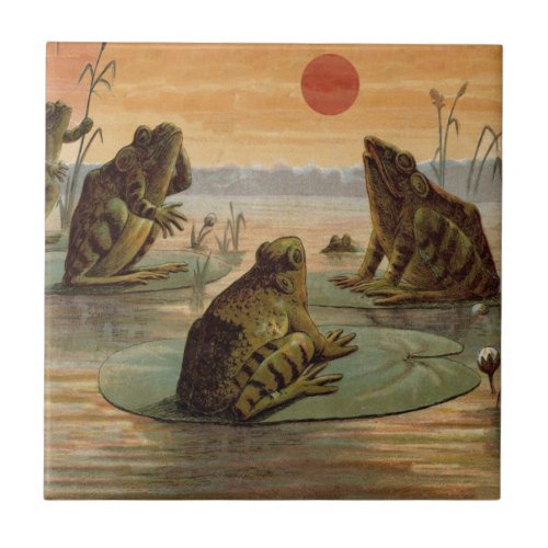 Frogs Lily Pads Moon Illustration Tile