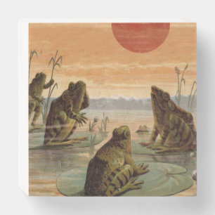 Frogs Lily Pads Moon Illustration Wooden Box Sign