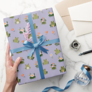 Frogs & Lily Pads on Pale Gray-Purple Wrapping Paper