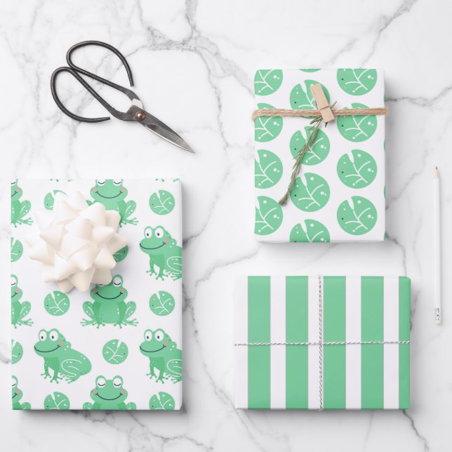 Frogs Lily Pads Wrapping Paper Set of 3 (Front)