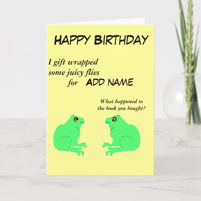 Frogs on a funny, customizable birthday card (Front)