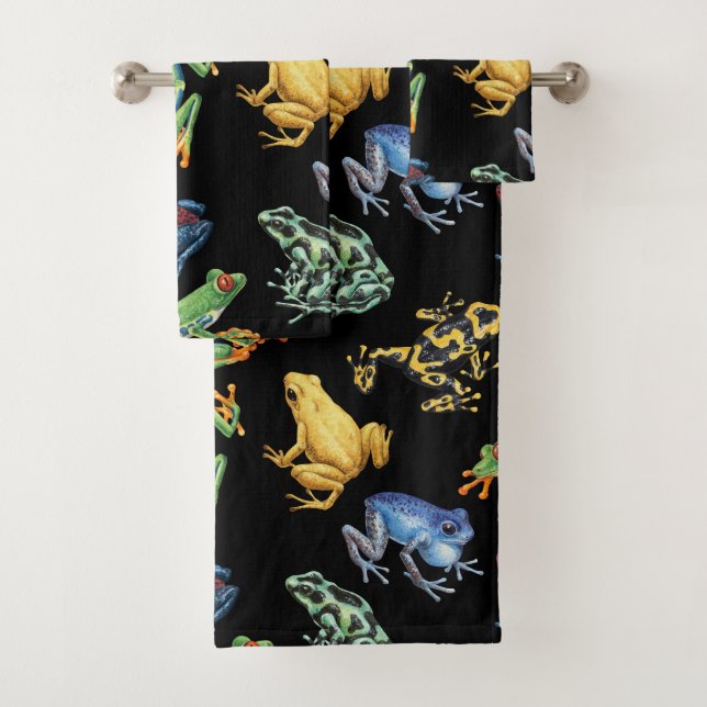 Frogs on black bath towel set (Insitu)