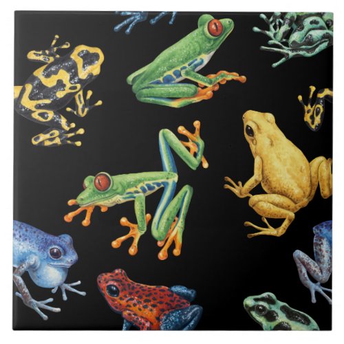 Frogs on black ceramic tile