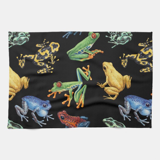 Frogs on black kitchen towel (Horizontal)
