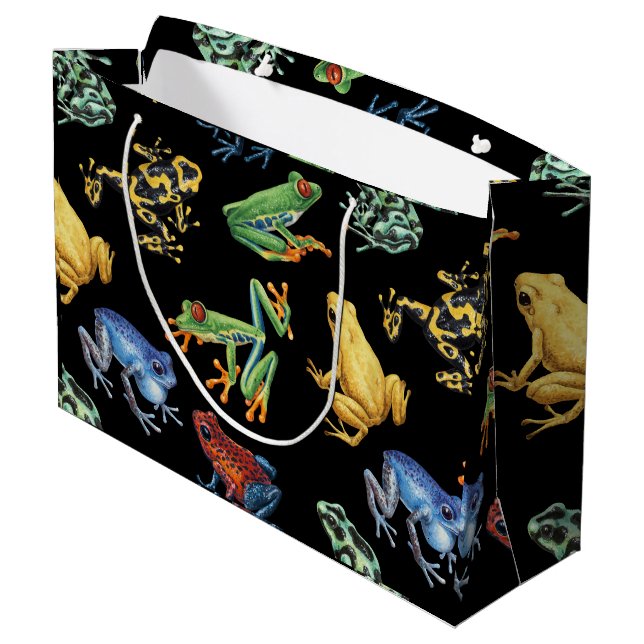 Frogs on black large gift bag (Back Angled)