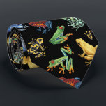 Frogs on black neck tie<br><div class="desc">Hand-painted variety of tree and dart frogs</div>