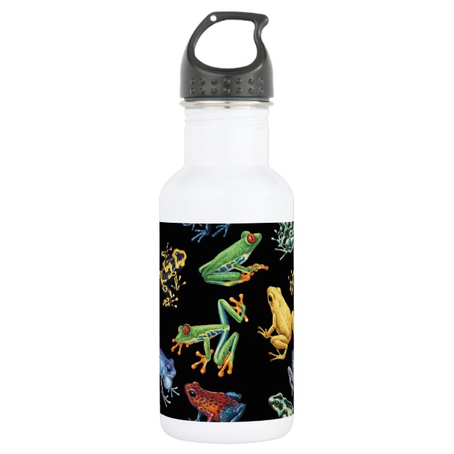 Frogs on black stainless steel water bottle (Front)